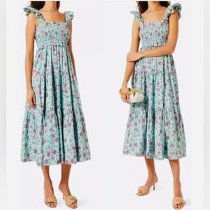 SEA New York NWT Brita Floral Smocked Dress Blue Sz.L Cottagecore Boho Prairie